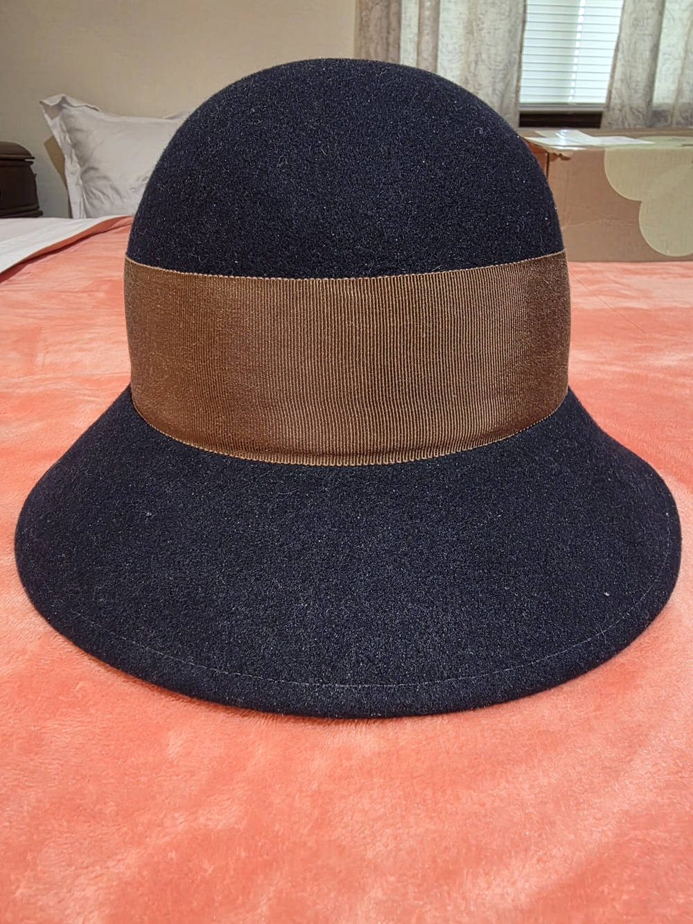 Lady Stetson Navy Cloche Hat with Brown Grosgrain Band